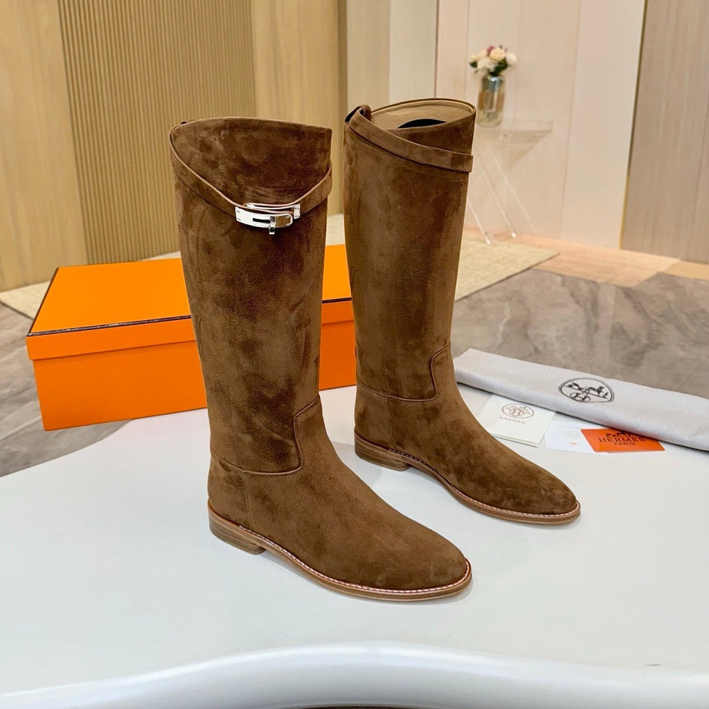HERMES 25S JUMPING KNEE-HIGH BOOTS IN BROWN SUEDE WITH SILVER HARDWARE