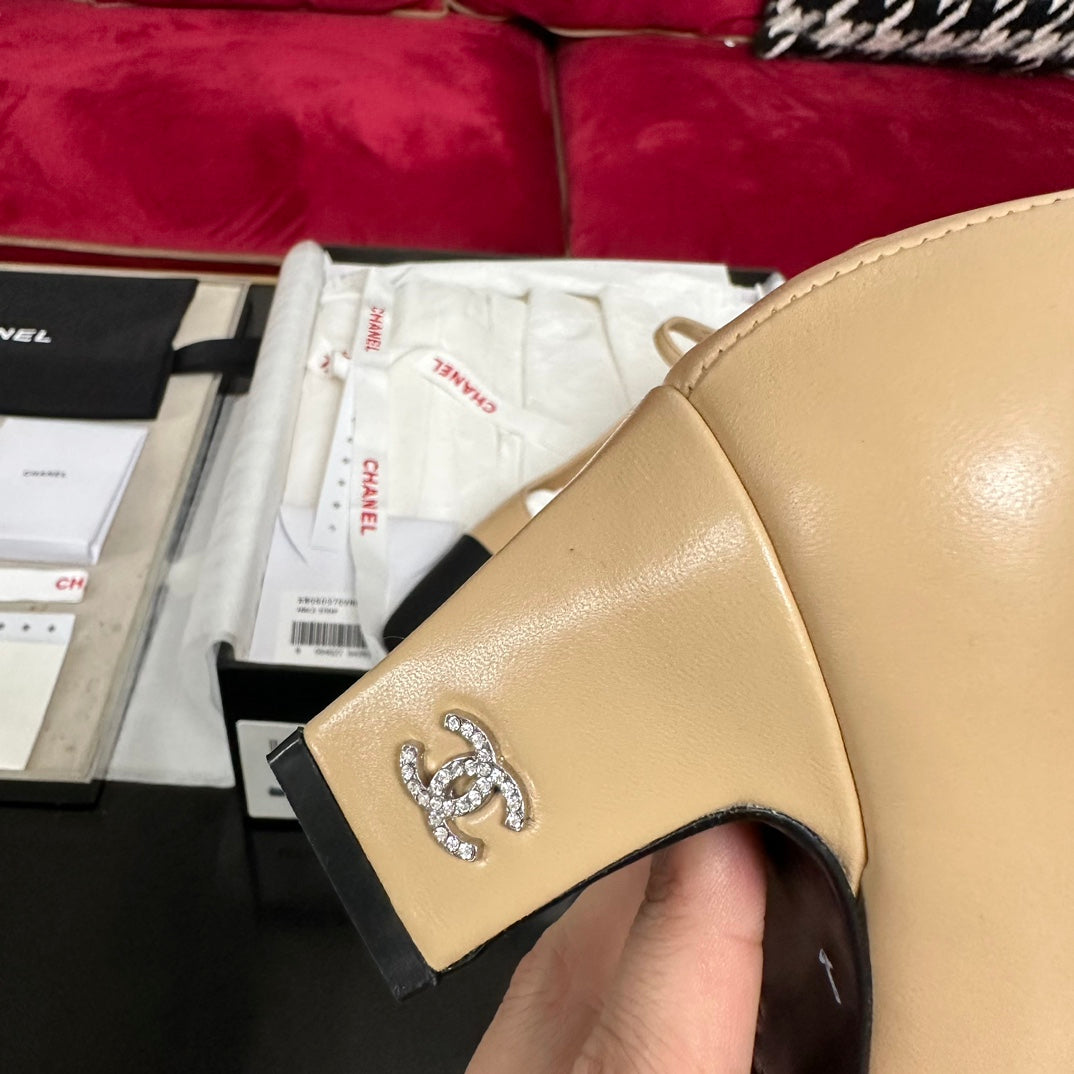 CHANEL HIGH MARY JANE IN DARK CREAM CALFSKIN AND BLACK SATIN