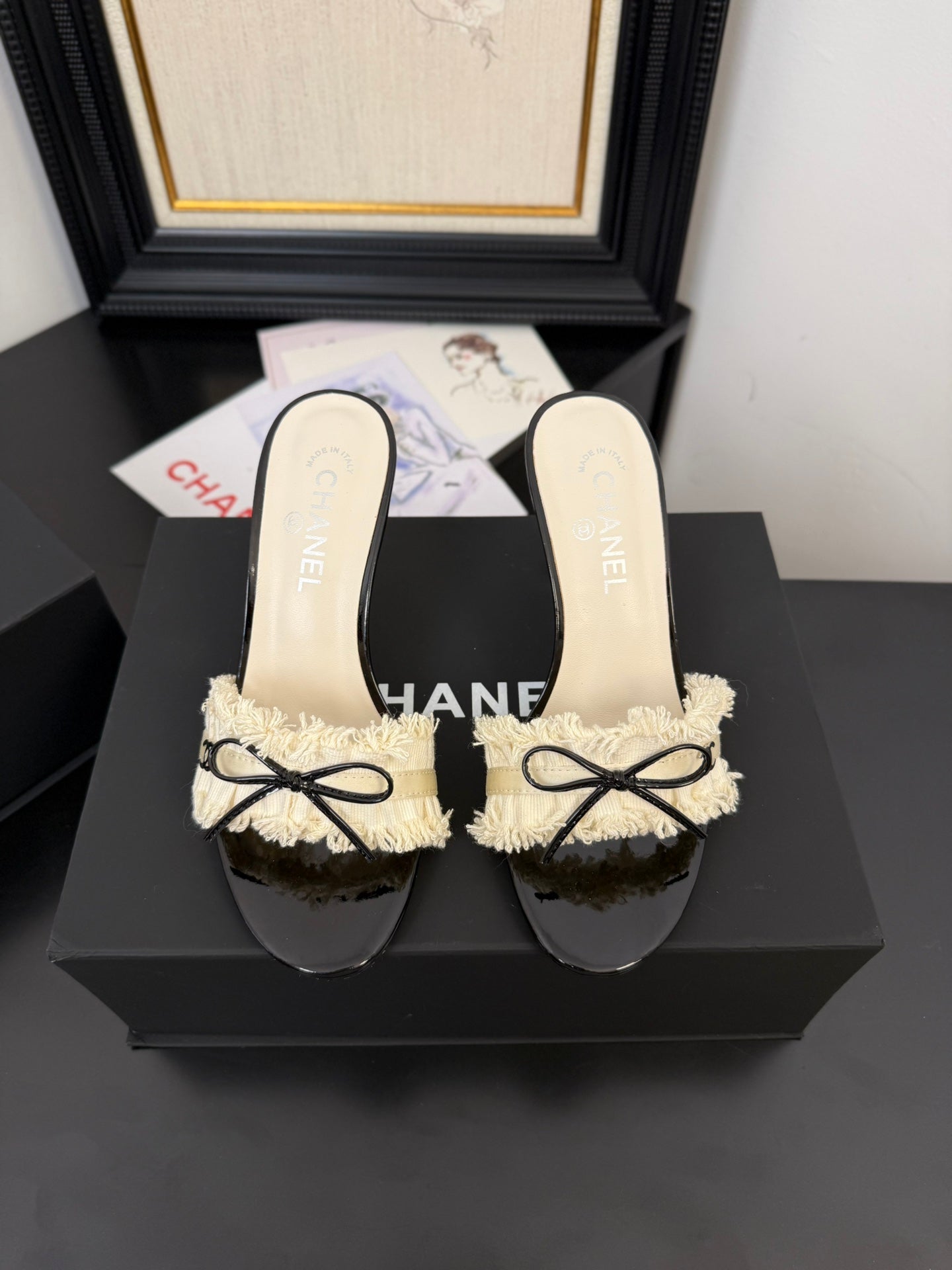 CHANEL WHITE GROSGRAIN CANVAS BOW MULE SANDALS 90 MM