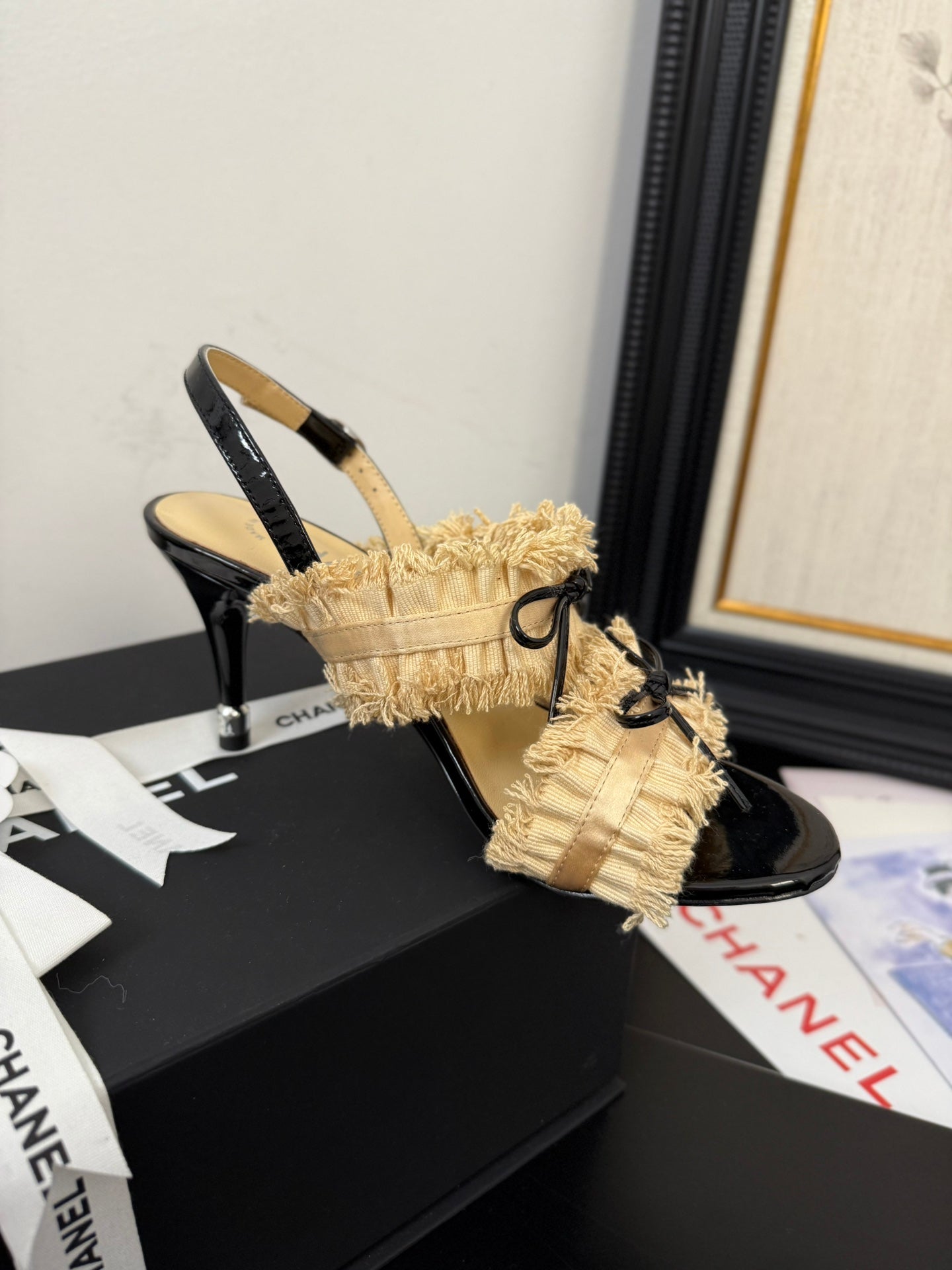 CHANEL SAND YELLOW GROSGRAIN CANVAS BOW SLINGBACK SANDALS