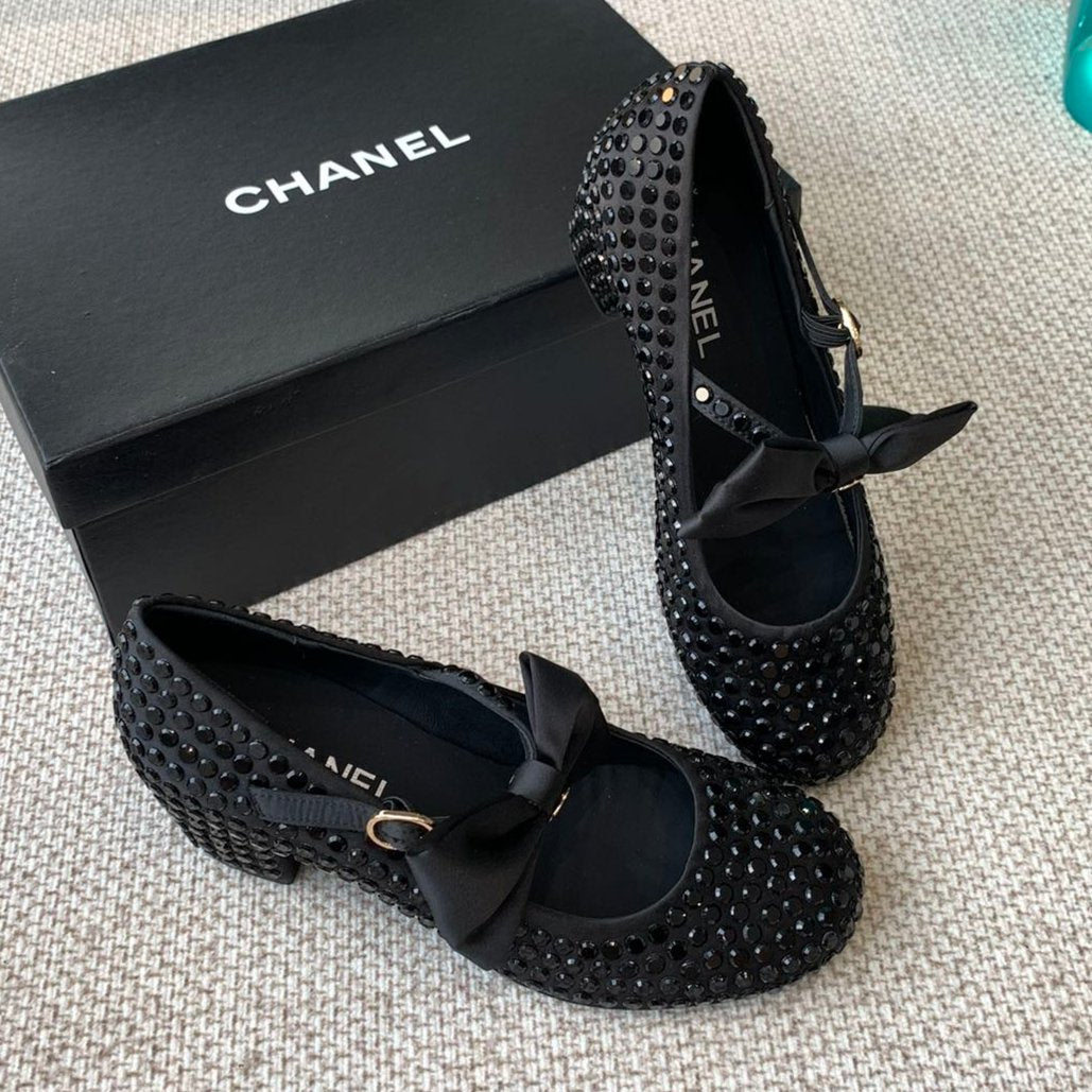 CHANEL MARY JANES SHOES IN BLACK SATIN WITH RHINESTONES