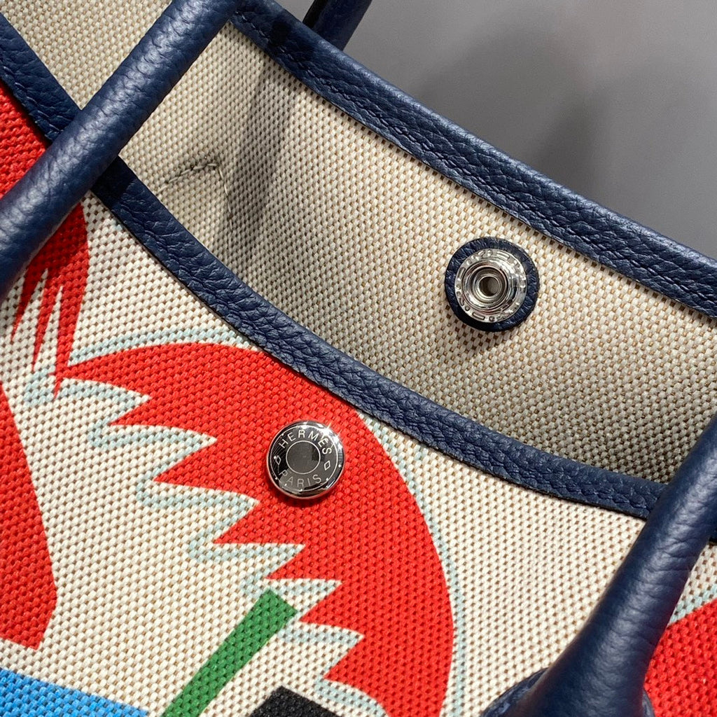 HERMES GARDEN PARTY 36 IN MULTICOLOR TOILE H CANVAS BLUE NAVY CALFSKIN TROPICAL ABSTRACT LANDSCAPE PRINT