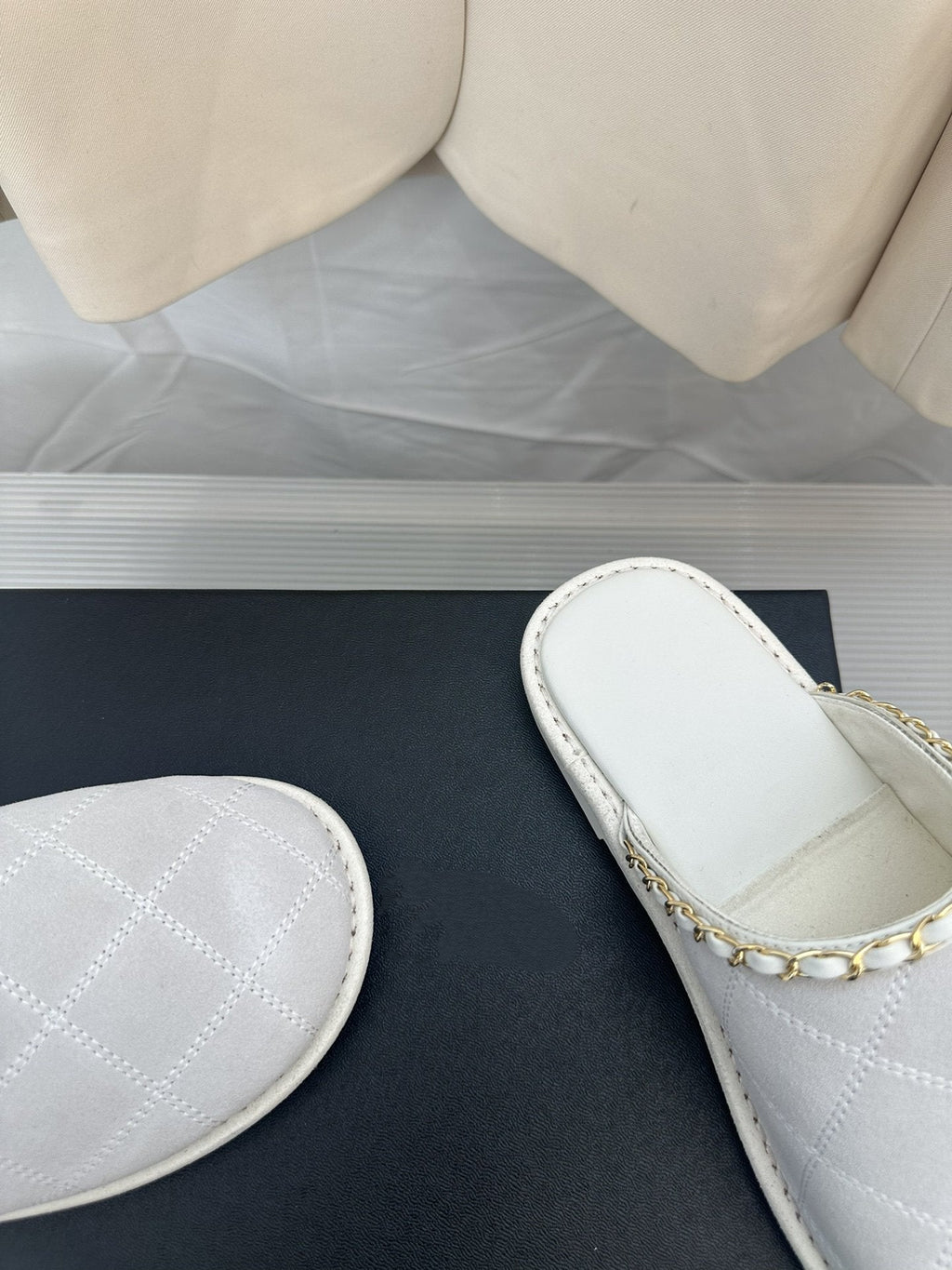 CHANEL White Suede Gold Chain Mules