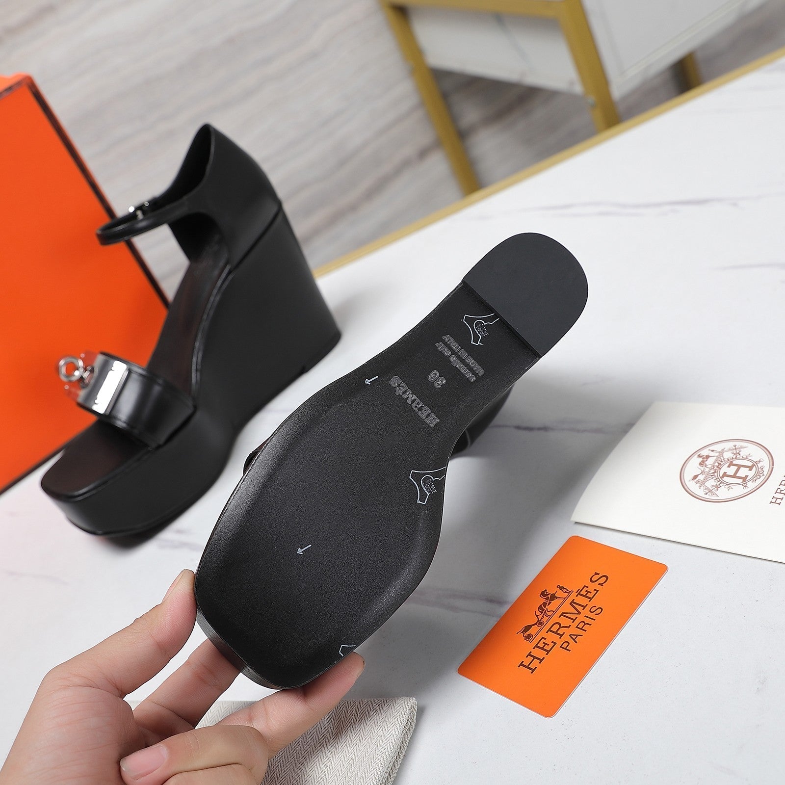 HERMES WEDGES SANDALS BLACK LAMBSKIN