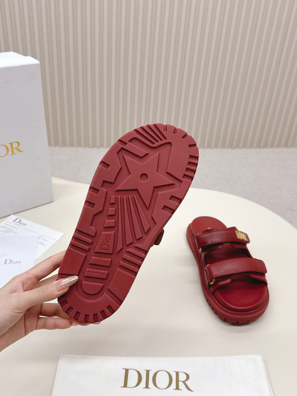DIOR CLASSIC DOUBLE-STRAP SLIDES 25S IN DARK RED CALFSKIN