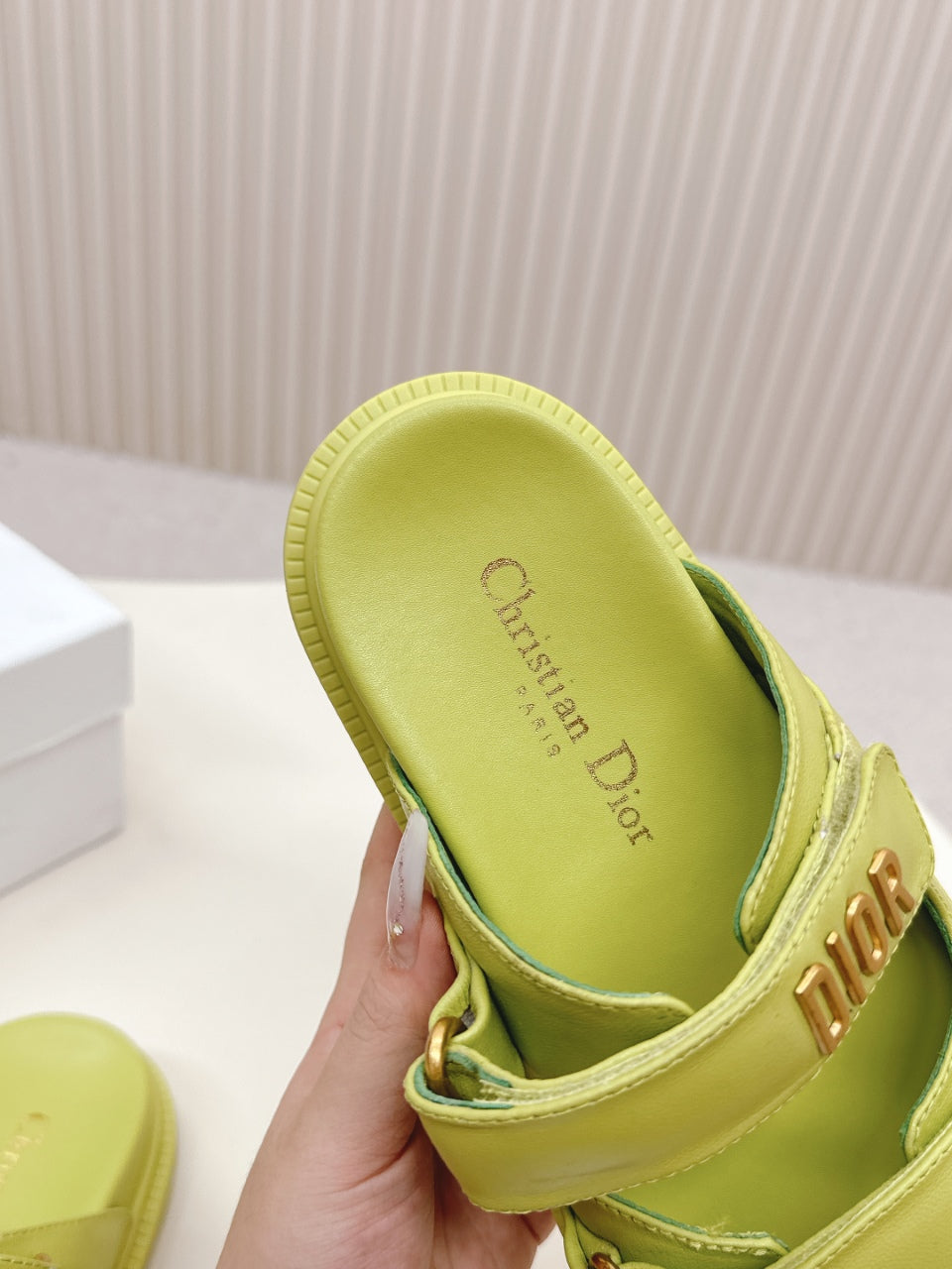 DIOR CLASSIC DOUBLE-STRAP SLIDES 25S IN OLIVE YELLOW CALFSKIN