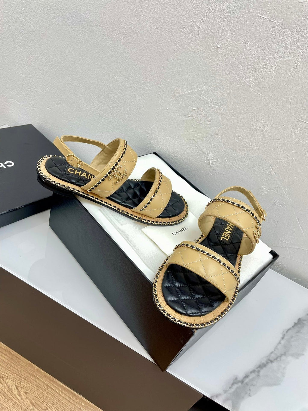 CHANEL DOUBLE STRAPS SANDALS IN YELLOW CREAM LAMBSKIN