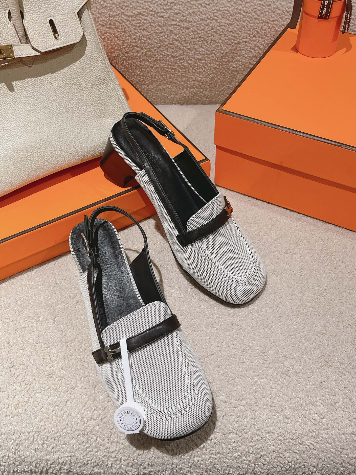 HERMES INFINIE 50 PUMP BLACK AND WHITE LAMBSKIN