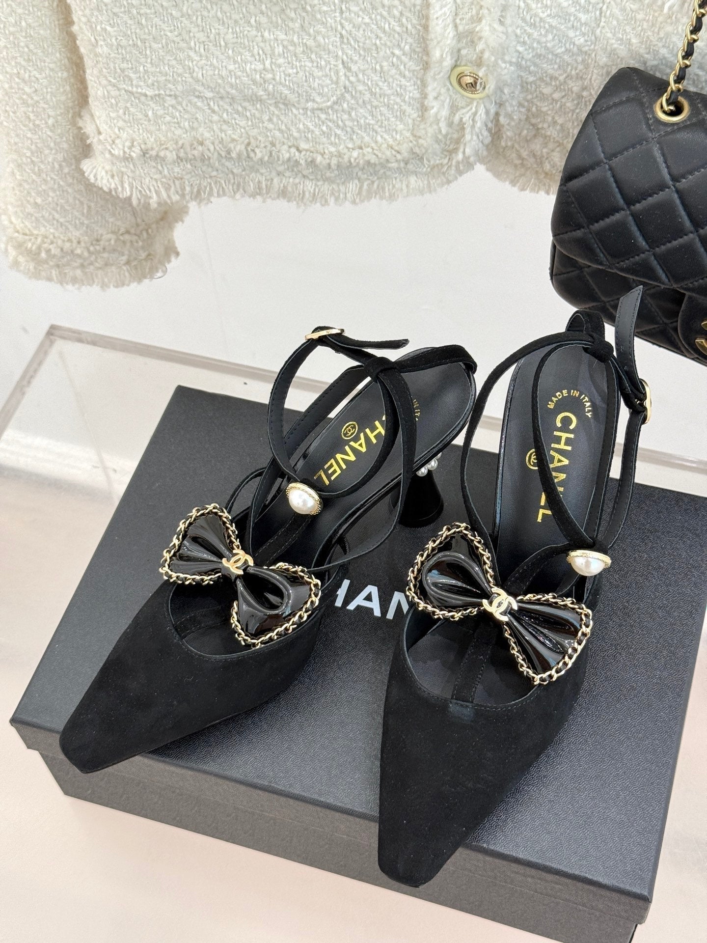 CHANEL CHAIN BOW HIGH HEEL 8 CM SLINGBACKS IN BLACK SUEDE