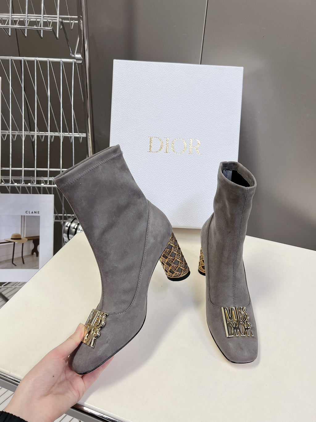 DIOR ICON HEELED ANKLE BOOT DOVE GRAY SUEDE 8 CM WITH GOLD LOGO