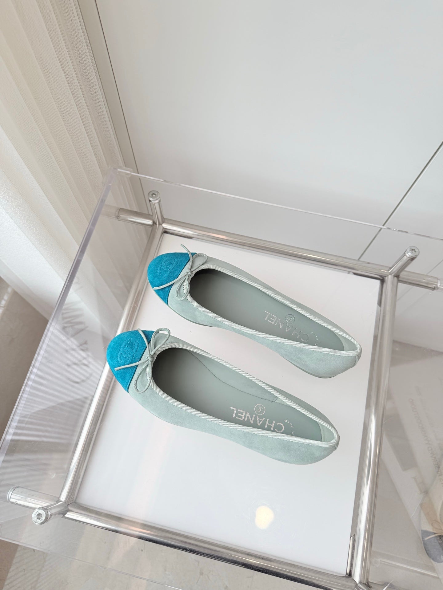 CHANEL BALLET FLAT IN CERULEAN BLUE MIX PEARL GRAY SUEDE
