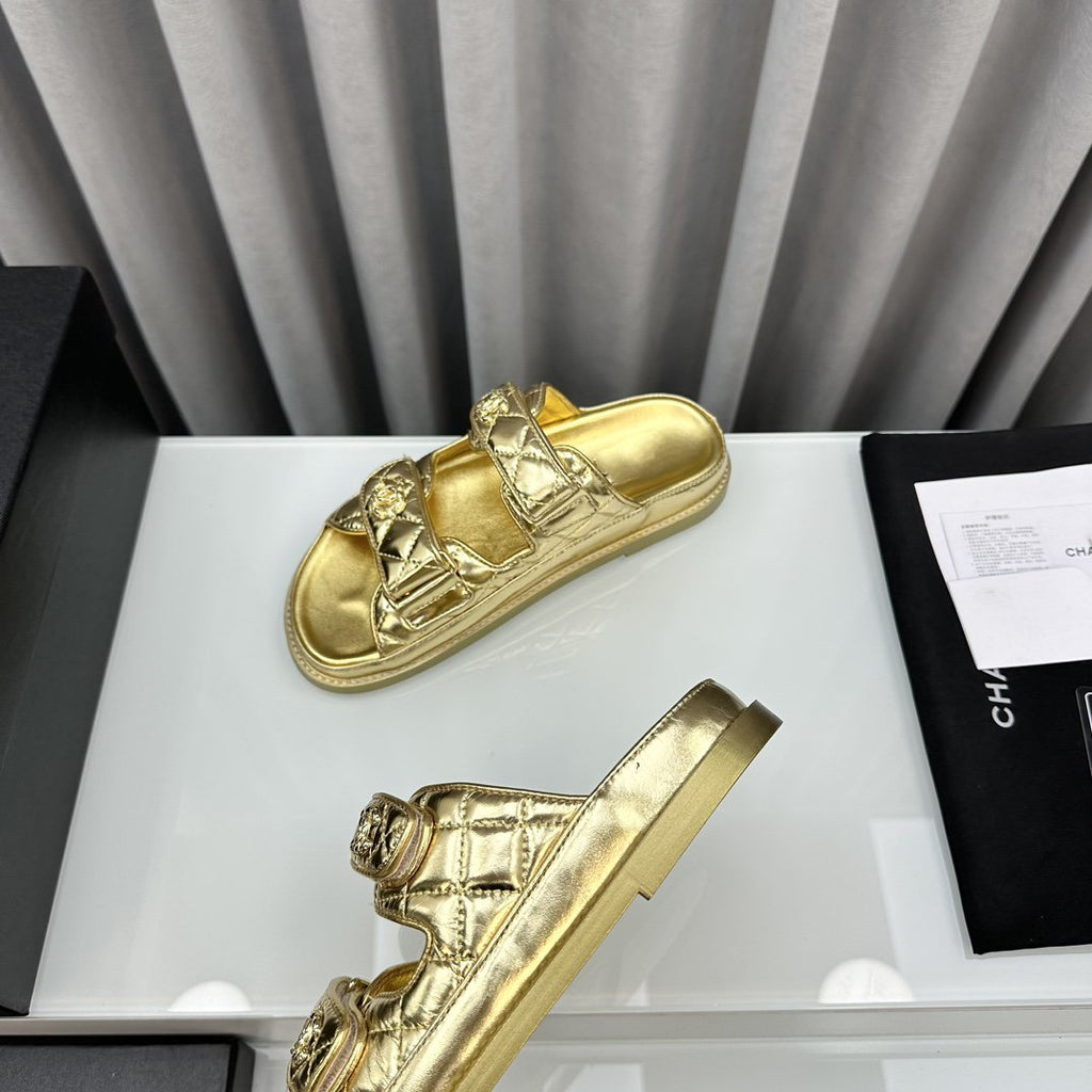 CHANEL dad sandals gold metalic lambskin mules