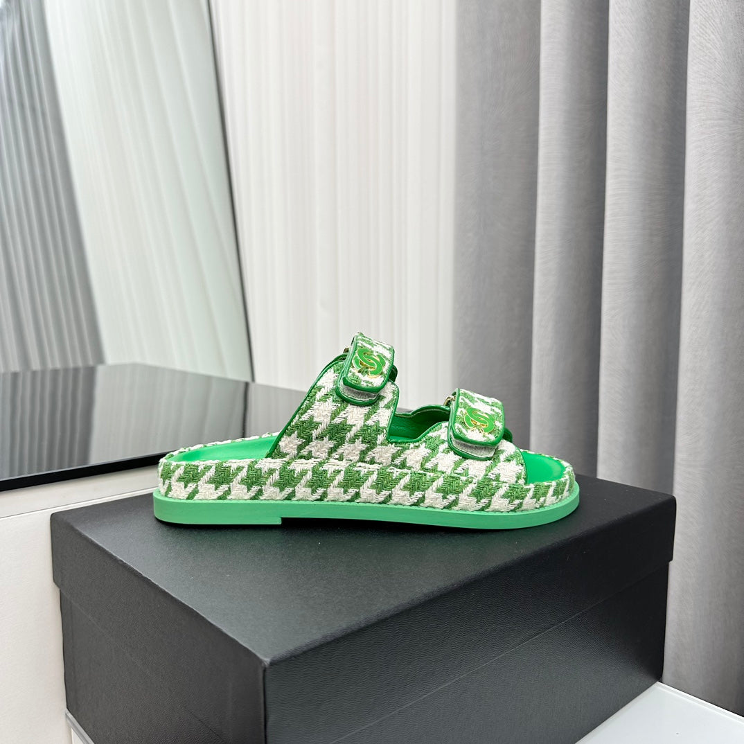 CHANEL dad sandals green white mules