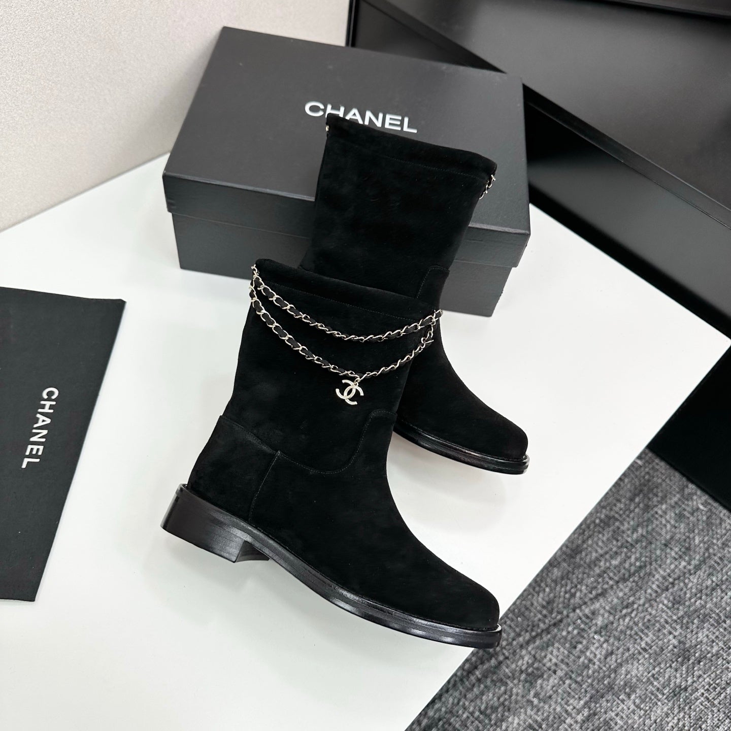CHANEL 25S SHORT BOOTS IN BLACK SUEDE SILVER HARDWARE