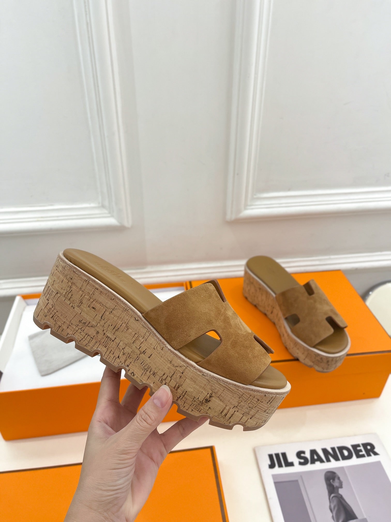 HERMES Eze 30 Sandal Brown Suede