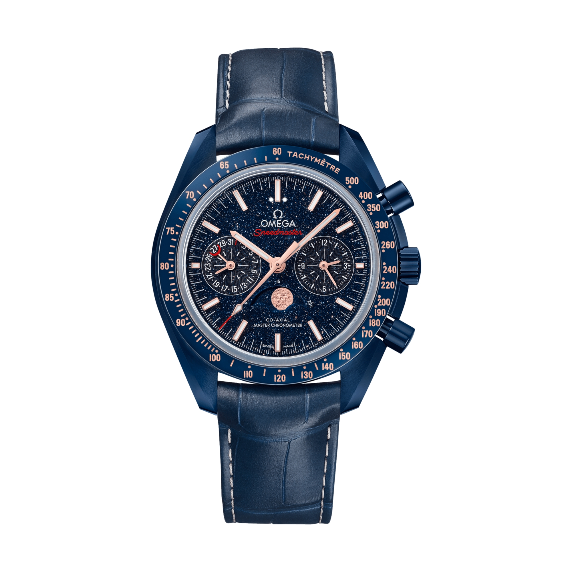 Omega Speedmaster Moonphase "Blue Side Of The Moon" Chronograph Ceramic 44.25mm Watch - Blue on Leather Strap