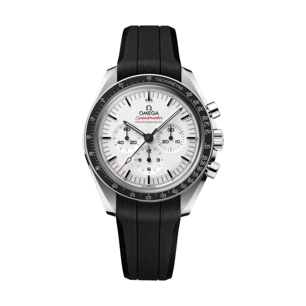 Omega Speedmaster Moonwatch Professional Chronograph Sapphire 42mm Watch - White on Rubber Strap